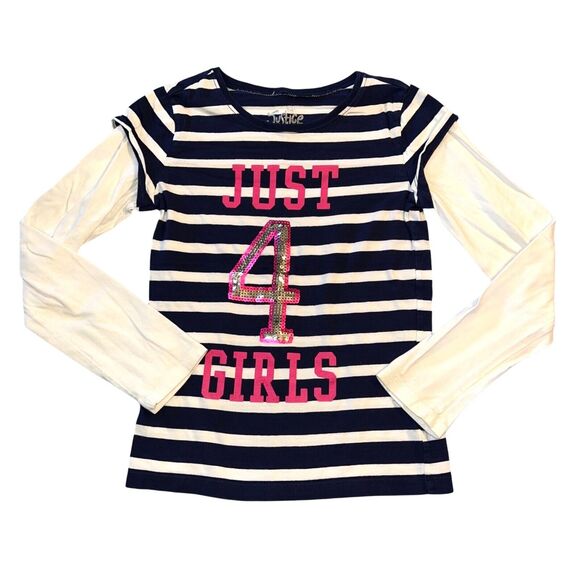 Justice Girls T Shirt Long Sleeve Stripes Pink Sequin No 4 Crew Neck Medium 12 - Picture 1 of 7
